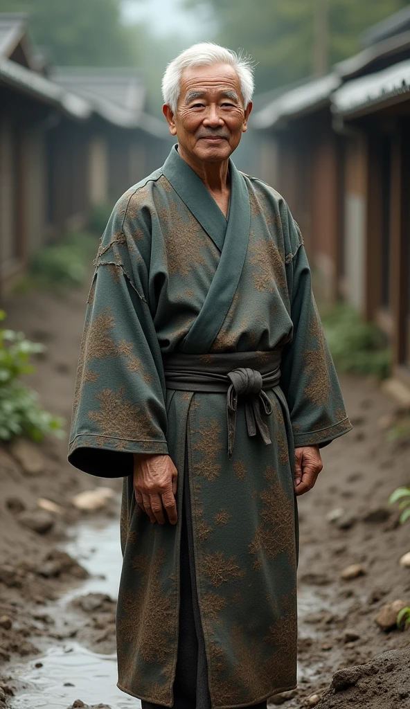 30 year old man, Japan, highest resolution, short hair, white hair, smile, Fujifilm, 8k octane render, Fuji color, Kimono, mud, dirty,