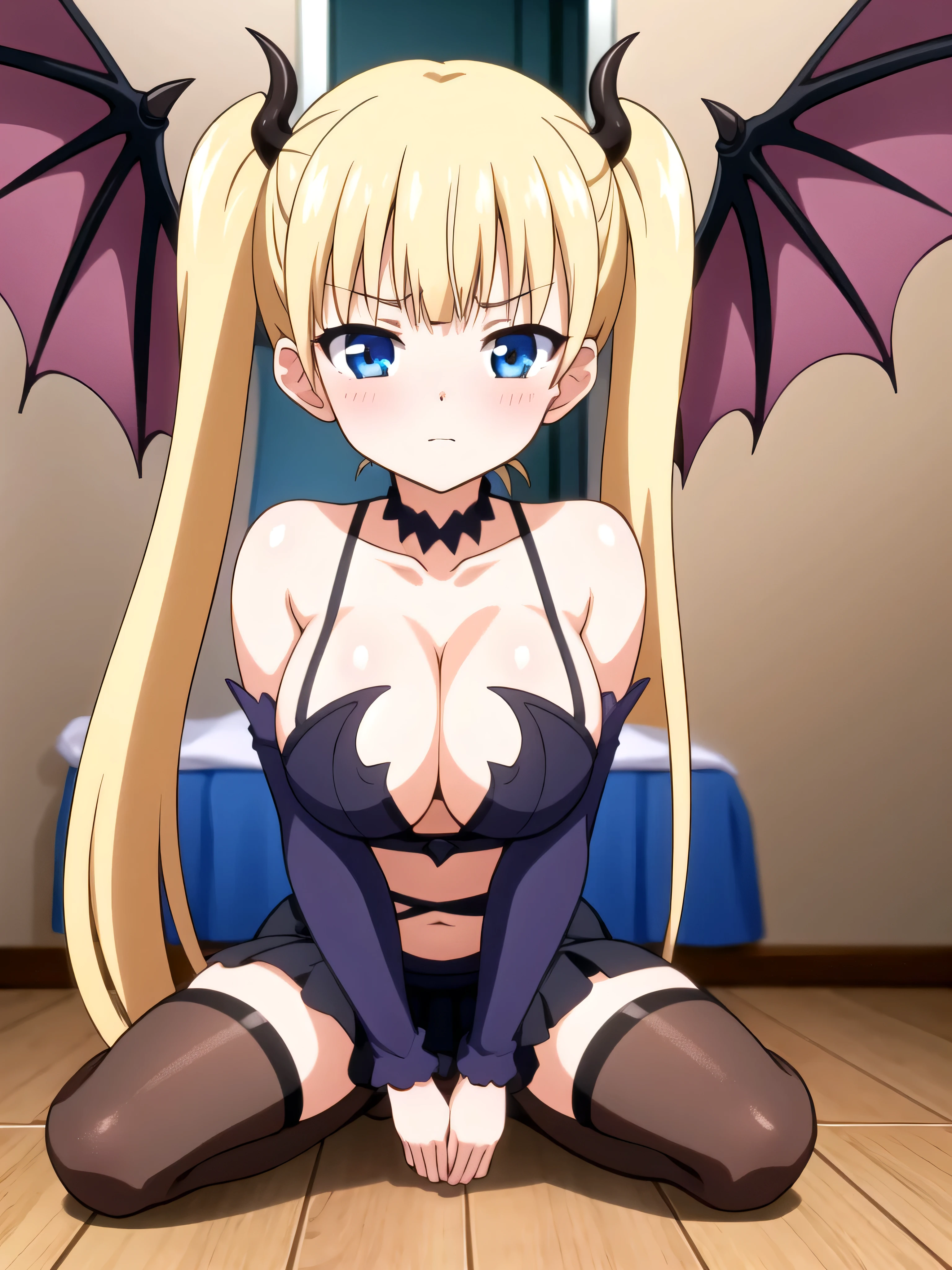 (masterpiece, Best Quality:1.2), absurdities, perfect anatomy, owtech, stylized, 1 girl, full body, looking at the viewer, blunt bangs, Focus only, Soft lighting, (blue eyes), blonde hair, very long hair, twintails, Airi Akizuki, breast, A beautiful and seductive demon girl, fantasy background, horn, demon wings, succubus tails, sexy body, black thighhighs, black stockings