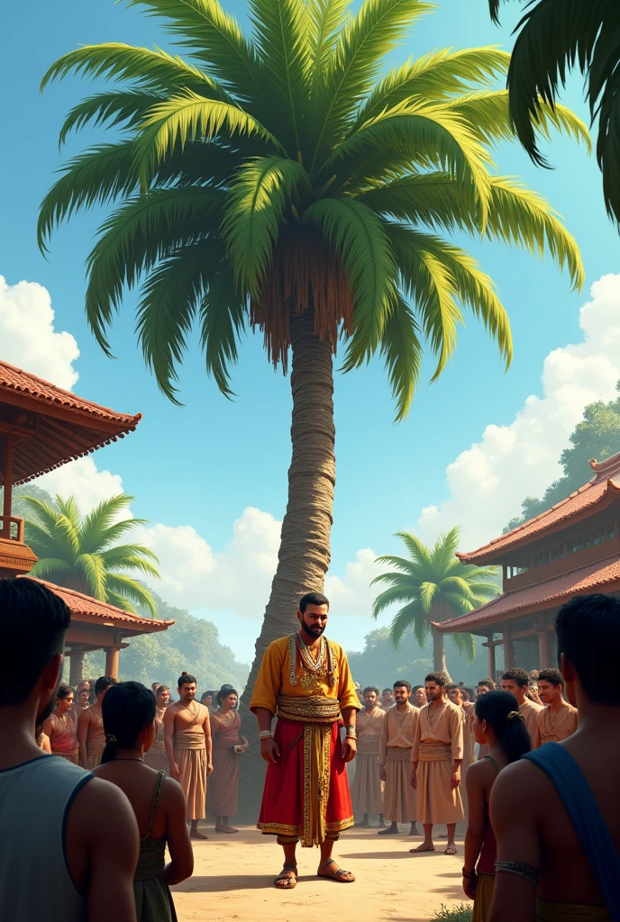Everyone in the village is talking to the powerful man next to the palm tree