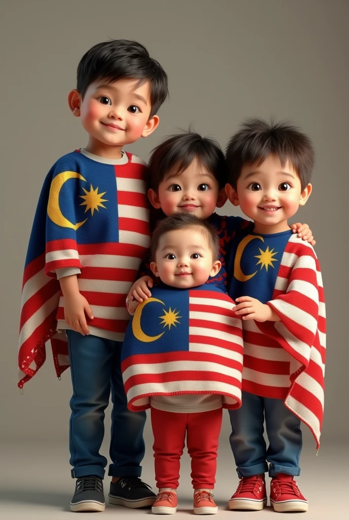 (photorealism:1.2)cute kids, boy ten years, boy 7 years , boy 4 years and little baby girl one tear old, posing cute, wear malaysian flag
