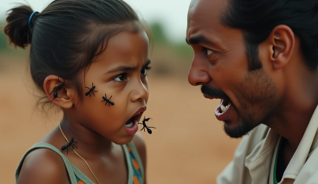Create a YouTube thumbnail with dimensions 1280 x 720 pixels. The scene is set in a rural, impoverished environment with a background of dusty, earthy terrain, suggestive of a field or a simple medical setup in a South American or Indian context. The background should be slightly blurred to emphasize the main subjects.
Main Elements:
Young Girl: A close-up of a young girl's face, showing her ear where several large ants are visible. The girl should look uncomfortable or surprised.ñ, sacred, crying Ensure her skin tone and features reflect South American or Indian heritage. she has to be ants on her ear or face . real ants
Medical Professional: Depict a doctor or medical worker, also reflecting South American or Indian heritage, with an exaggerated expression of shock or concern worry and scared . The doctor is leaning towards the girl's ear, inspecting it carefully. The doctor should be dressed in simple, practical medical attire, suitable for a rural setting (e.g., a white coat or traditional attire).
Setting Details: The background should have elements that suggest a simple, makeshift medical environment in a rural area—dusty ground, perhaps a basic medical setup like a small table with medical tools, or a rudimentary clinic setting. The environment should look impoverished but not overly dramatic, to keep the focus on the main subjects..