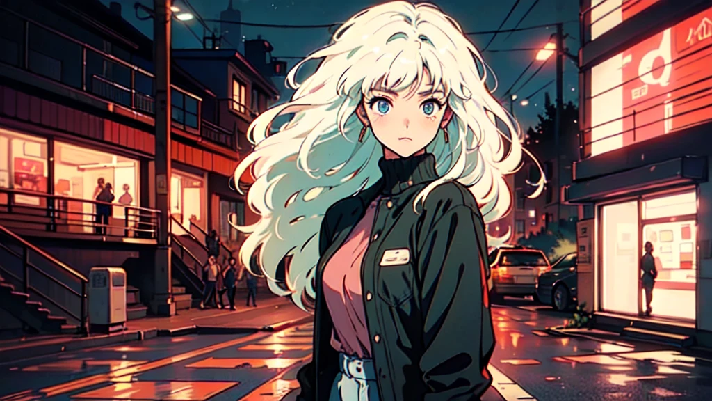 Create an illustration in the 90s anime art style of a young girl with long pink hair, standing in a dimly lit urban street. She has a slightly anxious expression on her face, with large, expressive blue eyes that reflect the glow of the nearby streetlights. The scene should capture a quiet, almost melancholic atmosphere, with the background featuring buildings and storefronts that are closed for the night. The girl's hair is styled in a simple manner, with a few strands falling over her face, and she carries a guitar case on her back. The lighting should create soft shadows, emphasizing the calm yet slightly uneasy mood of the night