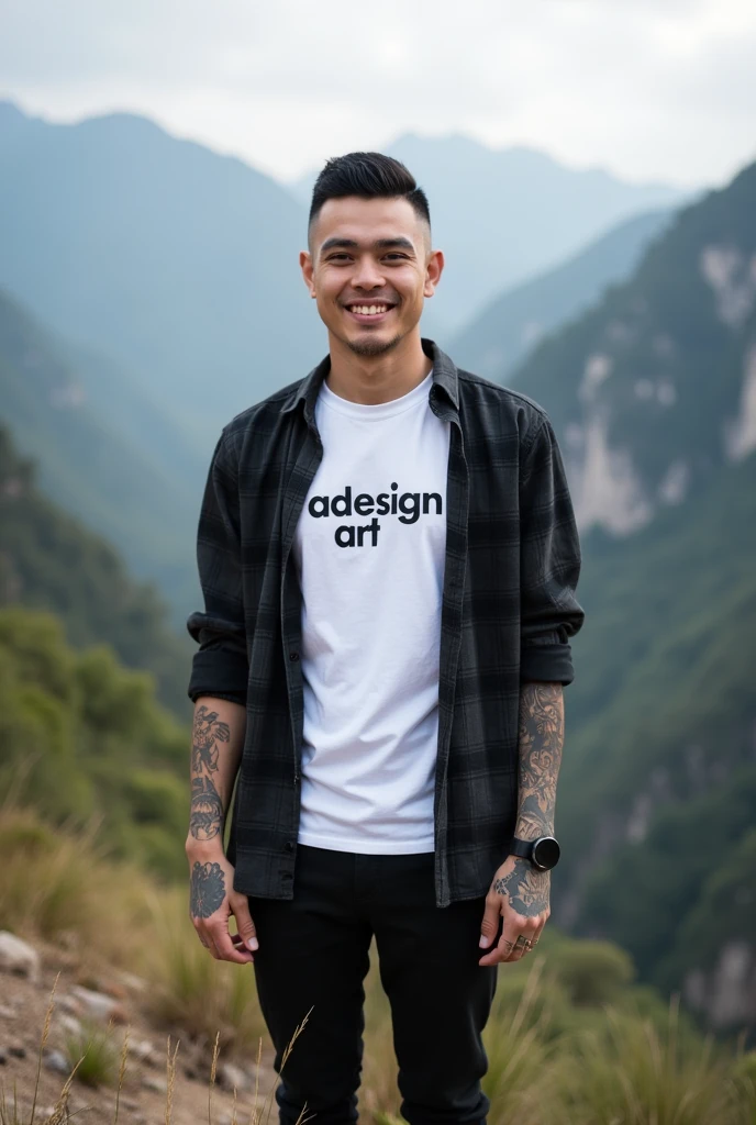 A handsome Thai man with his hands covered in intricate tattoos, rambut undercut, standing in a mountainous landscape like a wide angle camera, wearing a white t-shirt with the words "Adesign Art", black checkered long sleeve shirt, modern black pants and black shoes. with a friendly smile landscape