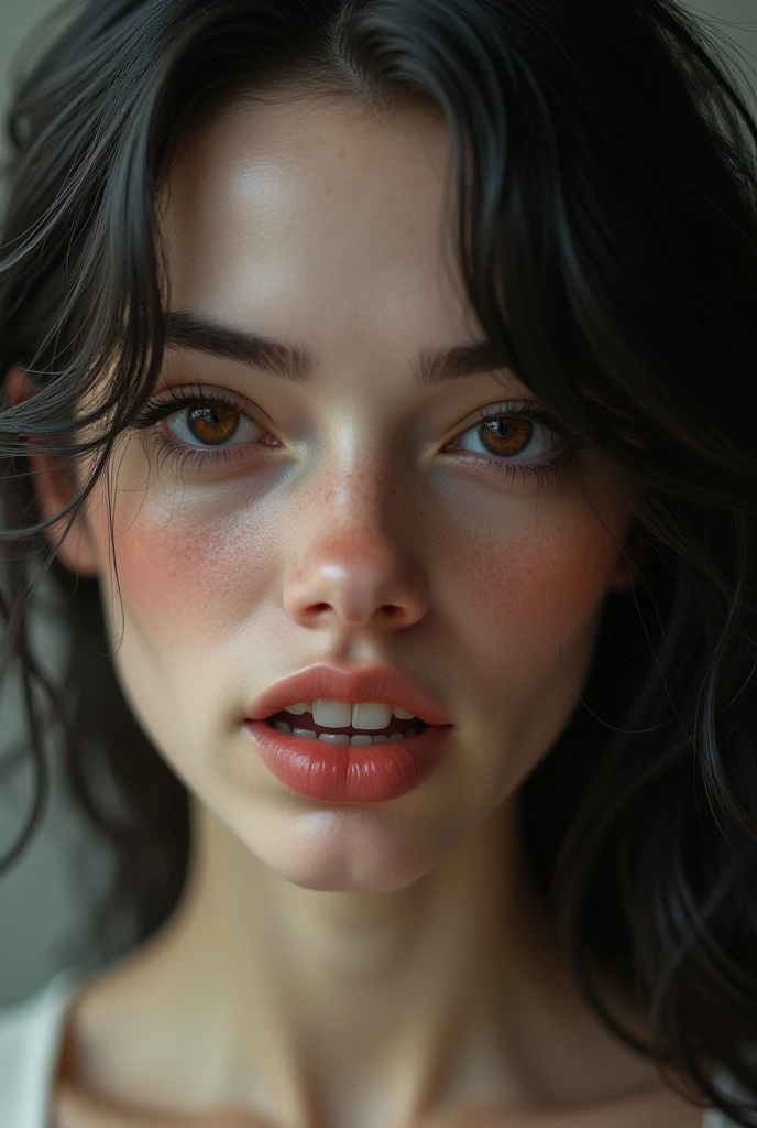 Create a image of a woman face with on missing teeth in front row, all the front row tooth should be visible