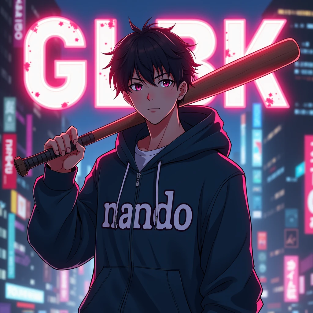 Create a character anime, {{background: large text “GLBK”, night city}},
realistic, HDR, handsome, japan style, full body, use stick baseball, age 20, hoodie HD text: “NANDO”