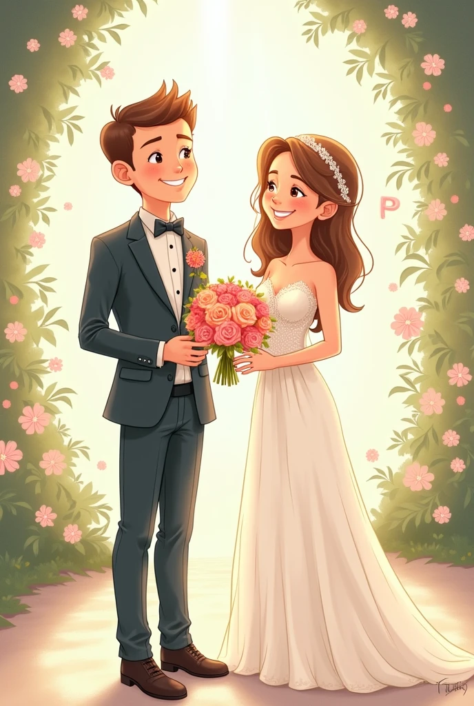 Groom holding the letter R and bride holding the letter P (drawning)