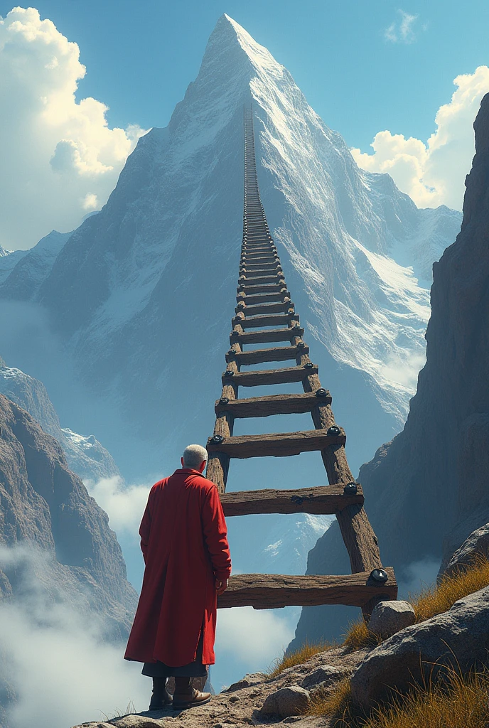 A very long ladder from the ground to the top of the mountain whose height
The ladder is mounted from the ground to the top of the hill.
An old man stands on the ladder, wearing a red robe.