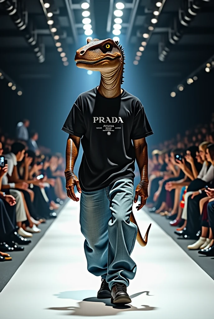 Dinosaur wearing a T-shirt and jeans set from Prada in a fashion show. Full body photo, real as in real life.