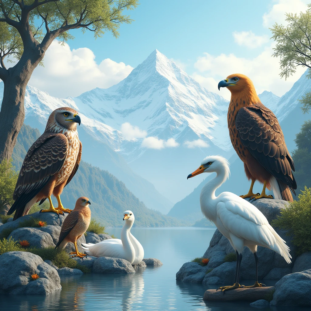brown owl golden eagle  white swan  watching  and white relaxed heron sitting on tree  in Himalayas with snow as frontline 
