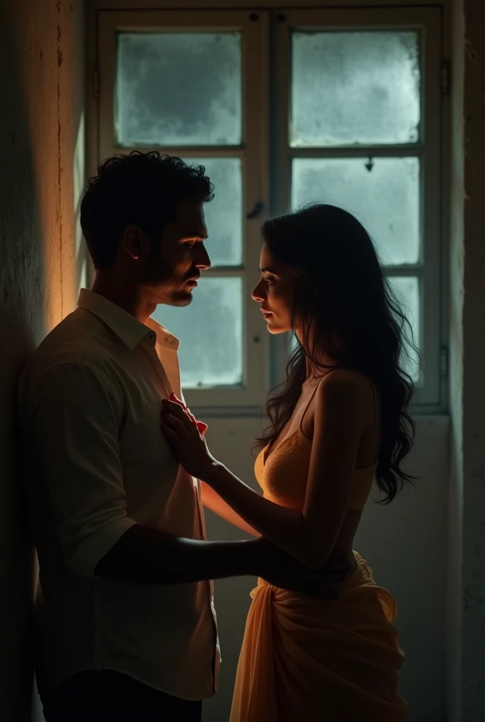 indian man and woman, they are cousins, they are having a discreet relationship, they meet in a secret room and have sex, man removes her shirt, she shows nice cleavage, dim light, dusty room, large windows, faint light on them, extremely romantic scene