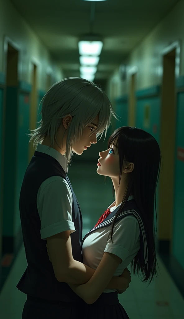 (32K:1.9, Highest quality, masterpiece, Ultra-high resolution), School corridor:1.3, Perfect dynamic composition:1.3, Highly detailed skin and facial textures:1.3, Cute sexy slim Japanese schoolgirl, Tall and slim man, (Both of them close their eyes.:1.3, Man hugging woman:1.3), Fair skin, ((Clarity:1.1)), (Man is anime「Demon slayer」Duma's Costume:1.3, Long silver-blonde hair, Rainbow Eyes:1.5), (The woman is wearing a uniform with a red tie:1.3, Straight black hair.:1.3, smile:0.9, A man completely charms a woman:0.9, beautiful Blue Eyes, beautiful, Clear Eyes:0.8), Sexy Face:0.4, blush:1.1, (beautifulエロティシズムを醸し出す雰囲気:0.8), Professional random camera work, Cinematic Lighting Effects, (Full Body Shot), (Too erotic), romantic, mysterious, Object of admiration, original, dramatic, artistic, Innovative, charm, Heartful, Fancy, Tilt, sense of loss, special, exciting, Extreme, sense of openness, joy, joyの表現, ((若さのcharm, 女性的なcharm))