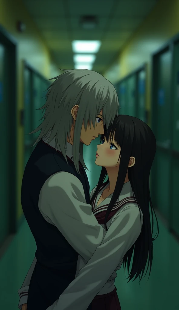 (32K:1.9, Highest quality, masterpiece, Ultra-high resolution), School corridor:1.3, Perfect dynamic composition:1.3, Highly detailed skin and facial textures:1.3, Cute sexy slim Japanese schoolgirl, Tall and slim man, (Both of them close their eyes.:1.3, Man hugging woman:1.3), Fair skin, ((Clarity:1.1)), (Man is anime「Demon slayer」Duma&#39;s Costume:1.3, Long silver-blonde hair, Rainbow Eyes:1.5), (The woman is wearing a uniform with a red tie:1.3, Straight black hair.:1.3, smile:0.9, A man completely charms a woman:0.9, beautiful Blue Eyes, beautiful, Clear Eyes:0.8), Sexy Face:0.4, blush:1.1, (beautifulエロティシズムを醸し出す雰囲気:0.8), Professional random camera work, Cinematic Lighting Effects, (Full Body Shot), (Too erotic), romantic, mysterious, Object of admiration, original, dramatic, artistic, Innovative, charm, Heartful, Fancy, Tilt, sense of loss, special, exciting, Extreme, sense of openness, joy, joyの表現, ((若さのcharm, 女性的なcharm))