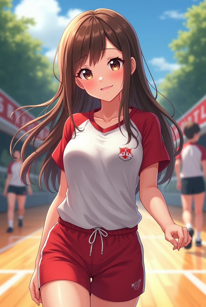 anime girl,university student,Big breasts,Close eyes,Smile,Half-length photo,Long brown hair,sportswear,sweat,Beautiful works of art,Anime style 4K,Art wallpaper 4k,Basketball gym with people coming and going