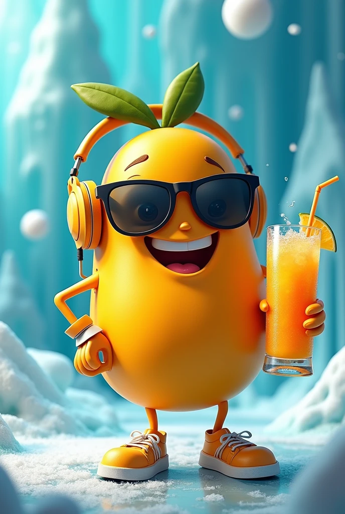 Create a Mango character with sunglasses, wearing headphone DJ on frozen ice, holding mango drink, happy and smile, top angle, cool pose