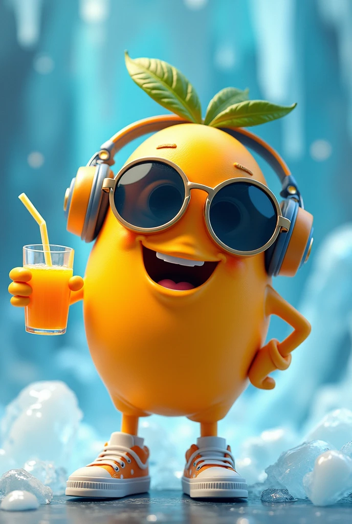 Create a Mango character with sunglasses, wearing headphone DJ on frozen ice, holding mango drink, happy and smile, top angle, cool pose