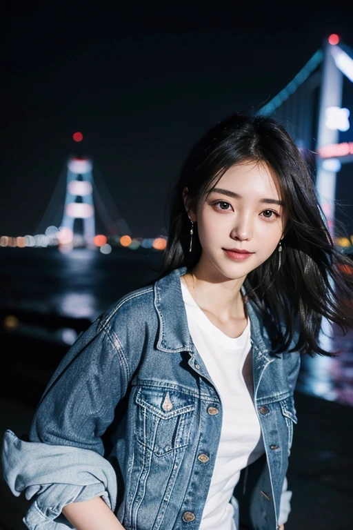 (2 Japanese girl,), (Small breasts:1.5,),(solo,Textured skin, Detailed skin,Detailed face,Detailed eyes,detailed posing,Natural eyebrows,Perfect limbs,High detail, Highest quality, Super detailed, Surrealism, ,8k,RAW Photos,Photographicism,Professional Lighting,Portrait Photography,),((Black Hair, Dark Eyes,Natural Makeup,Simple earrings,Medium Hair,smile)),(((Night view of Odaiba,midnight,Wear a white T-shirt and a navy blue denim jacket,Hair blowing in the wind)))