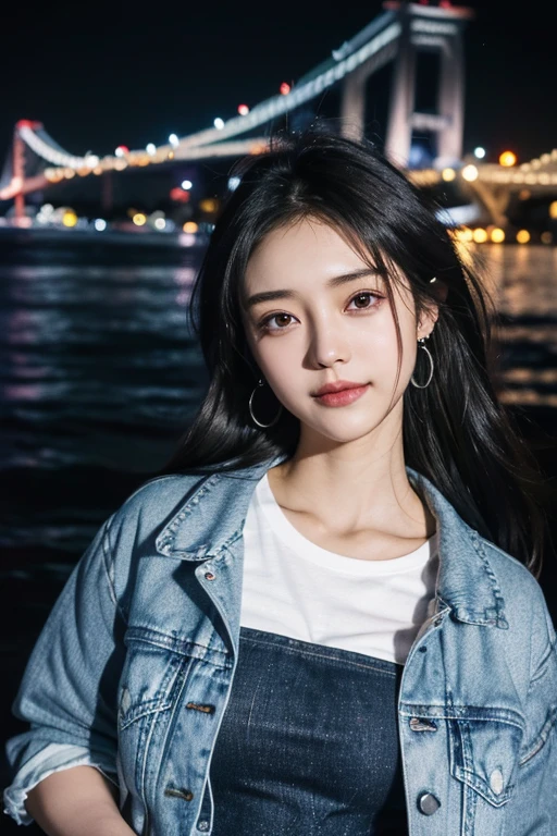(2 Japanese girl,), (Small breasts:1.5,),(solo,Textured skin, Detailed skin,Detailed face,Detailed eyes,detailed posing,Natural eyebrows,Perfect limbs,High detail, Highest quality, Super detailed, Surrealism, ,8k,RAW Photos,Photographicism,Professional Lighting,Portrait Photography,),((Black Hair, Dark Eyes,Natural Makeup,Simple earrings,Medium Hair,smile)),(((Night view of Odaiba,midnight,Wear a white T-shirt and a navy blue denim jacket,Hair blowing in the wind)))