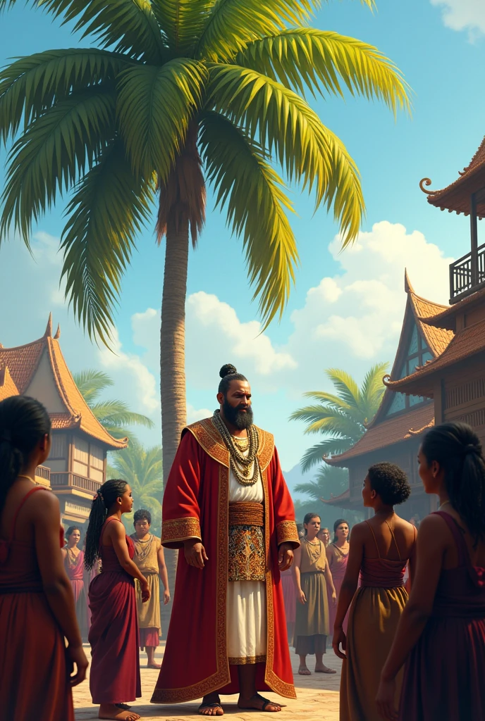 Everyone in the village is talking to the powerful man next to the palm tree