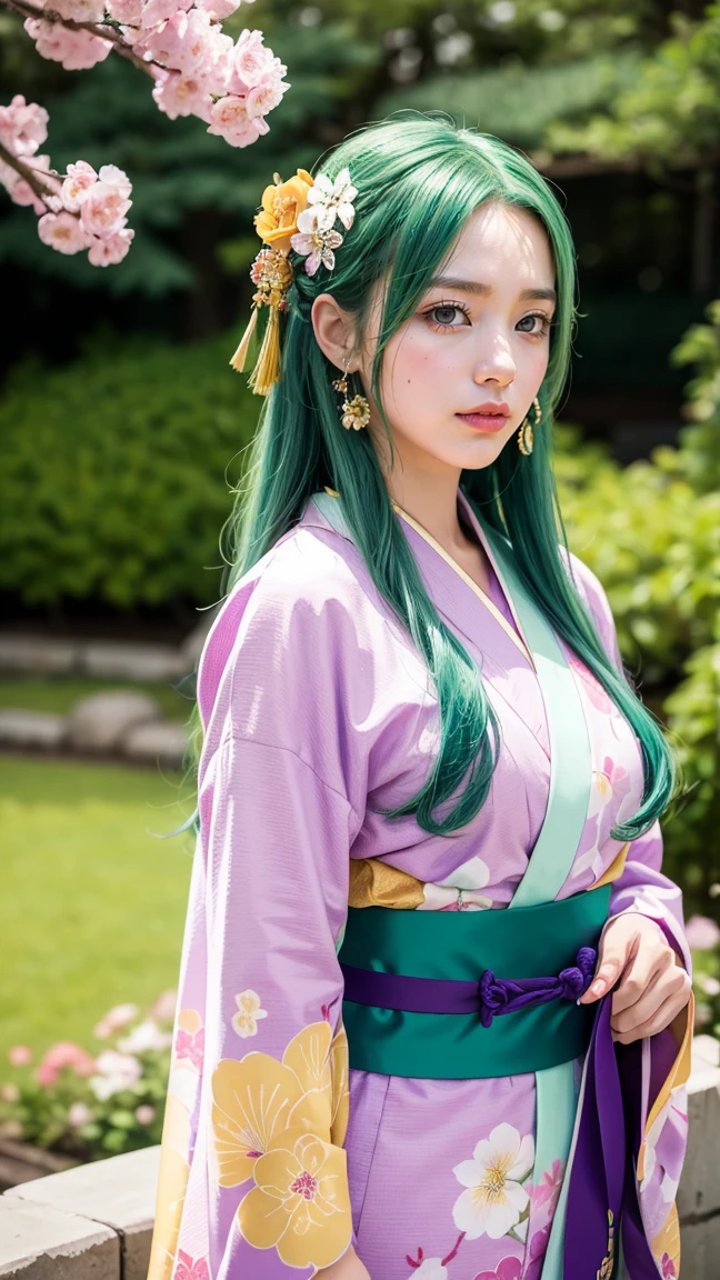 A vibrant anime character with long green hair adorned with pink and yellow floral hairpins, wearing a bright pink kimono with purple floral patterns and a green obi belt. The character stands in a traditional Japanese garden during cherry blossom season, with petals gently falling around her."