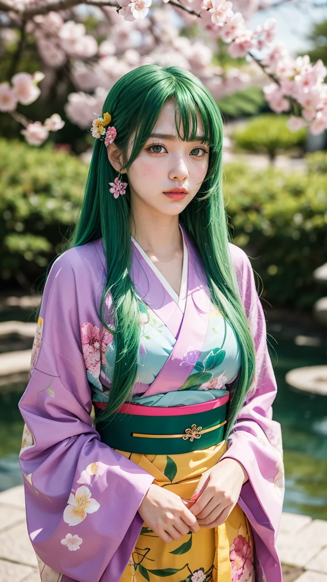 A vibrant anime character with long green hair adorned with pink and yellow floral hairpins, wearing a bright pink kimono with purple floral patterns and a green obi belt. The character stands in a traditional Japanese garden during cherry blossom season, with petals gently falling around her."