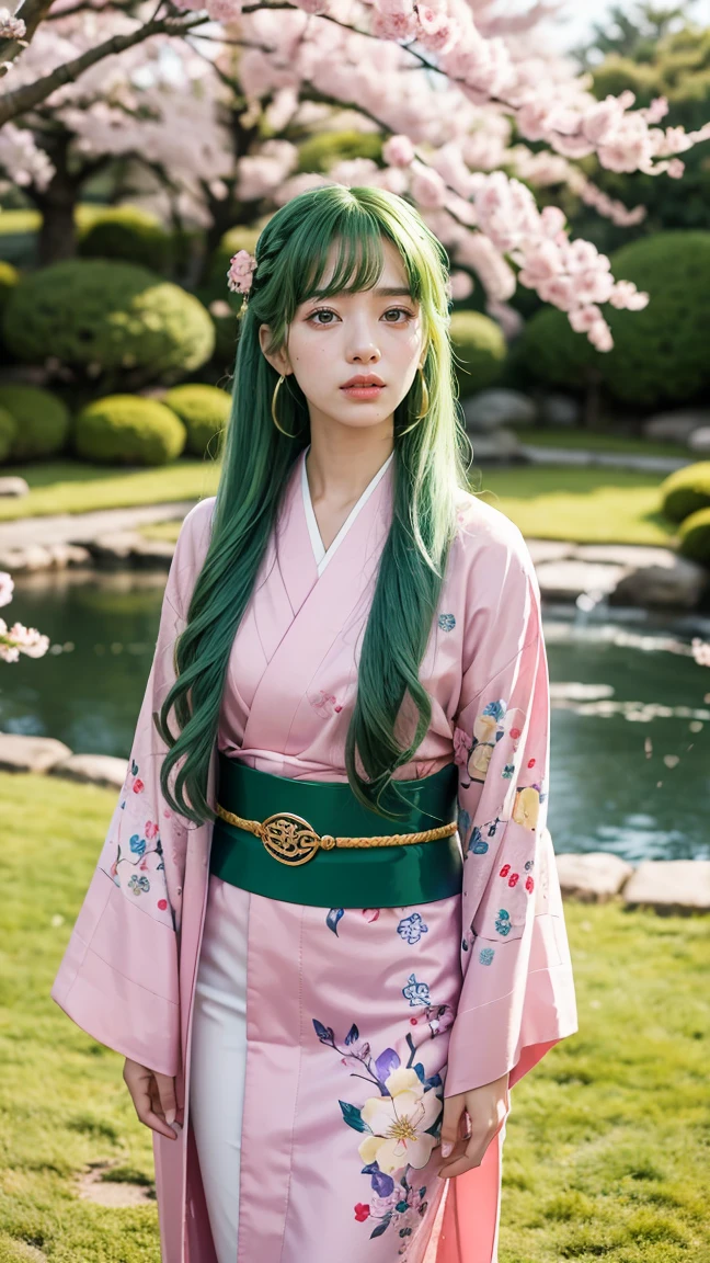 A vibrant anime character with long green hair adorned with pink and yellow floral hairpins, wearing a bright pink kimono with purple floral patterns and a green obi belt. The character stands in a traditional Japanese garden during cherry blossom season, with petals gently falling around her."