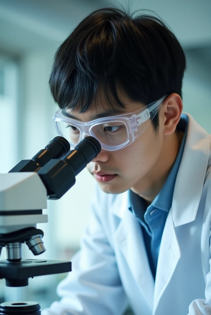 Candid photograph of a Japanese male scientist in his 20s, square face, sharp eyes behind safety goggles, straight nose, thin lips in a focused expression, short black hair, wearing a white lab coat, peering into a microscope