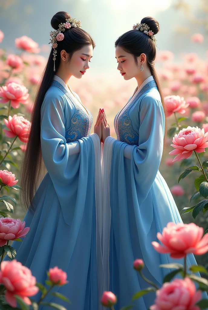 The eldest princess in full Tang Dynasty regalia, blue dress, cold face but beautiful. The third princess in full Tang Dynasty regalia, blue dress, mischievous face, walking in a flower garden in the middle of a peony field.