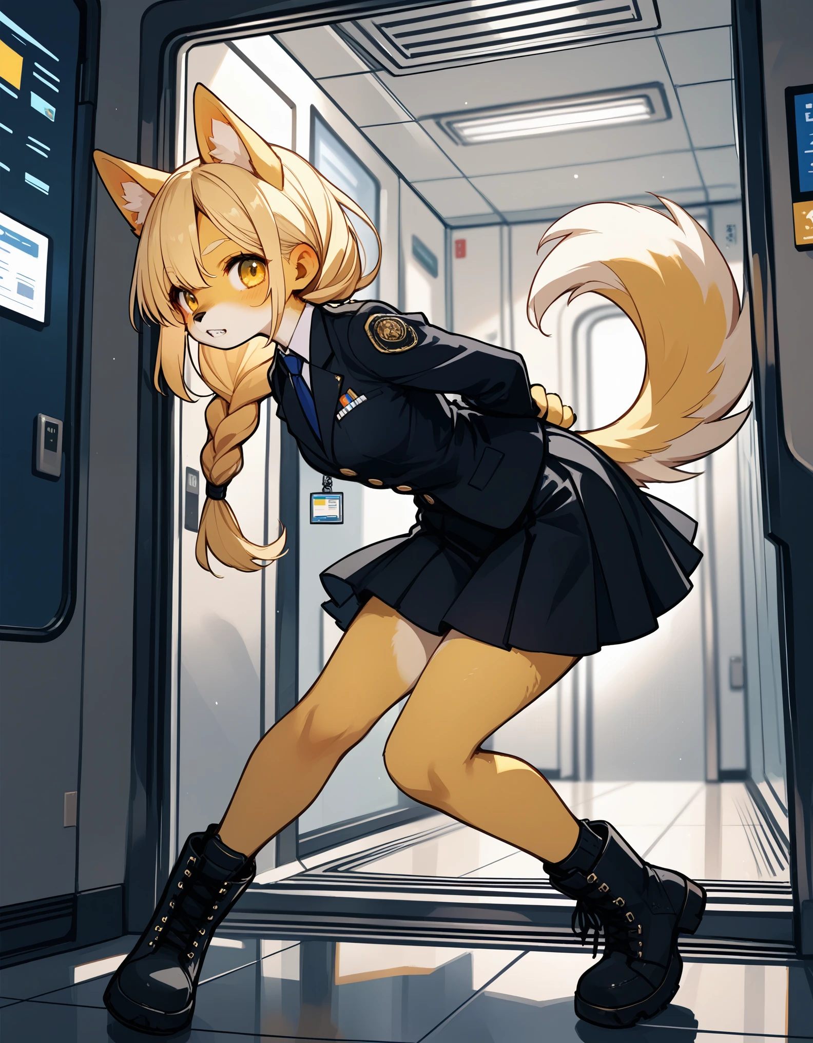 , score_9,score_8_up,score_7_up, source_furry, An anthro furry dog girl, yellow furry dog girl, yellow eyes, yellow dog ears, blonde hair, long braided hair, snout, black nose, wearing black blazer, white button up shirt. Black skirt, black combat boots, hands behind her back, coy pose,elevator，elevator里面, standing, grinning, canine teeth 