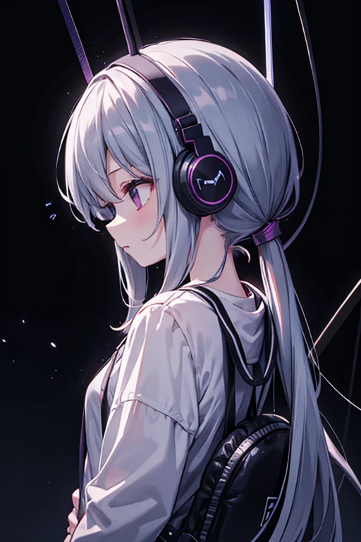 A girl wearing headphones is listening to music in a dark room、From an angle