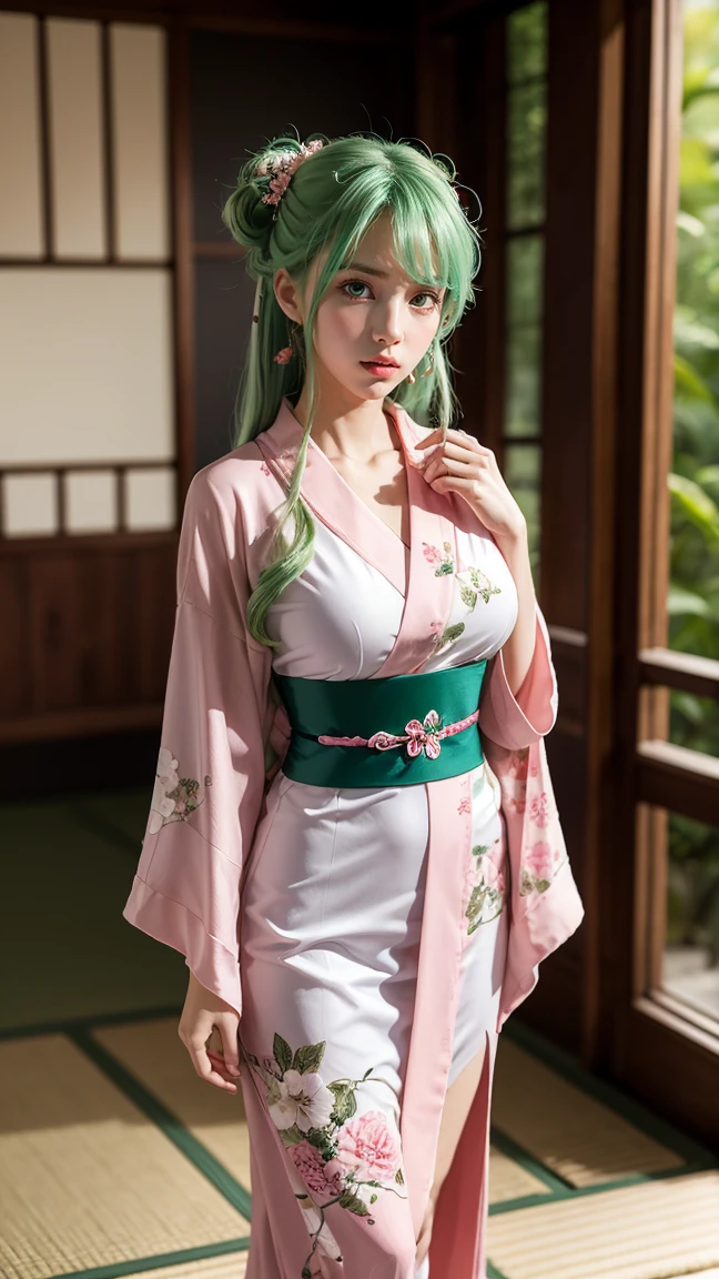 An elegant anime character with flowing green hair, styled with delicate hairpins, dressed in a detailed pink kimono featuring a purple floral design. She is posing gracefully in a serene tea house setting, with soft natural light illuminating her figure."
