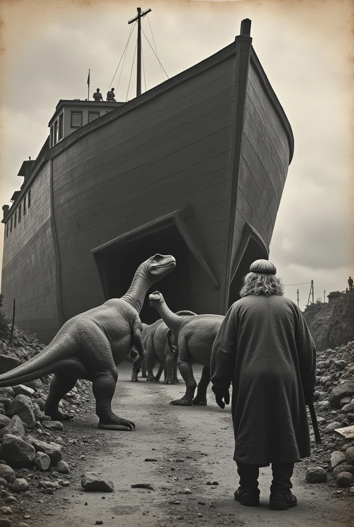 biblical noah leading dinosaurs into naohs arch black white photography WWII old withered photo