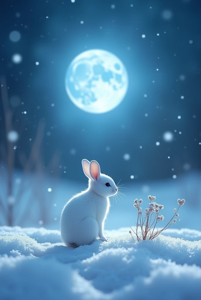 Dark Night，snowflakes falling，Snowflakes slightly reflect the light of the beautiful blue moon, There is a little snow rabbit in the middle looking at the moon, rabbit footprints, 1 beautiful wild flower blooming from under the snow, spring may come, 非常Beautiful scenery,Beautiful scenery,From above,Use very limited colors,Real photos taken with a zoom lens, Nature Photography Gold Award,Shooting from a distance,  mood