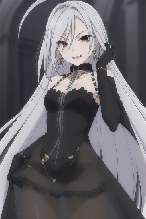 inner_moka,1girl, solo, black dress, black gloves, blue dress, cape, earrings, fangs, hair ornament, jewelry, long dress, necklace, see-through, smile
