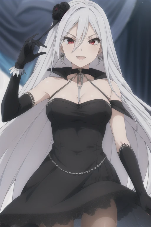 inner_moka,1girl, solo, black dress, black gloves, blue dress, cape, earrings, fangs, hair ornament, jewelry, long dress, necklace, see-through, smile