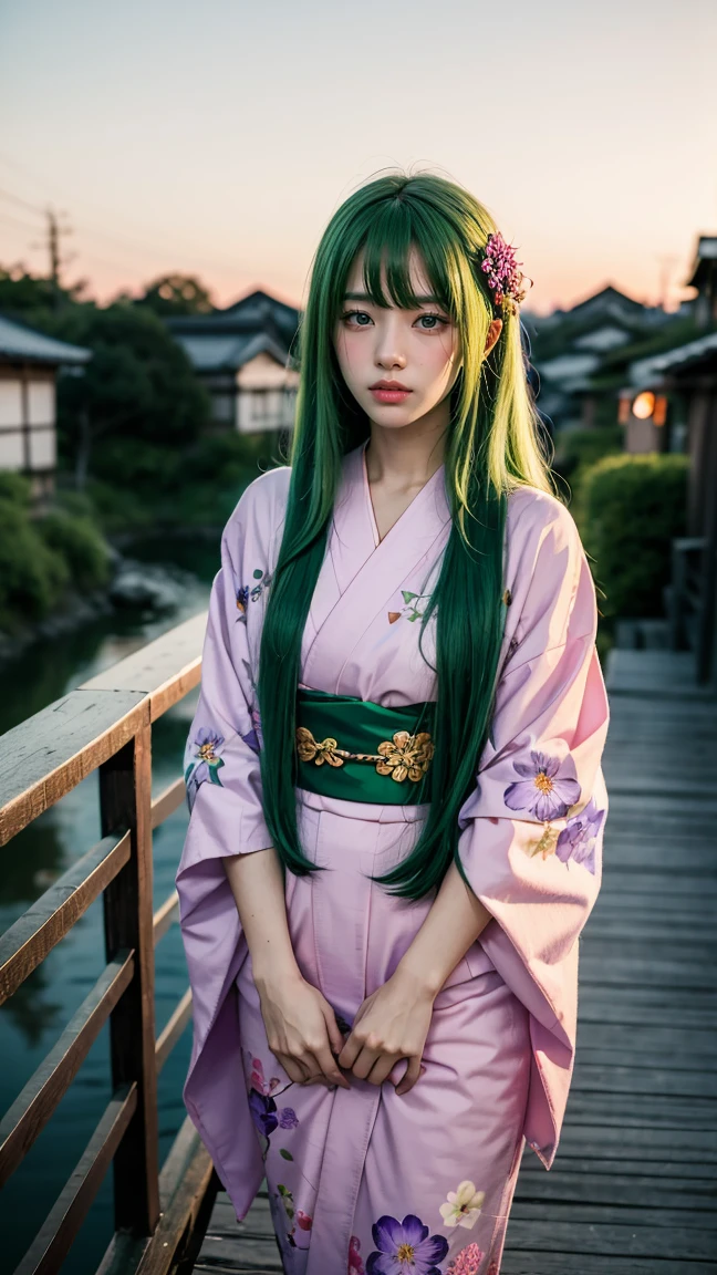An anime-style character with long, silky green hair, wearing a pink kimono adorned with purple flowers and a vibrant green obi. She is standing on a bridge in a traditional Japanese village at dusk, the sky painted in warm hues behind her."