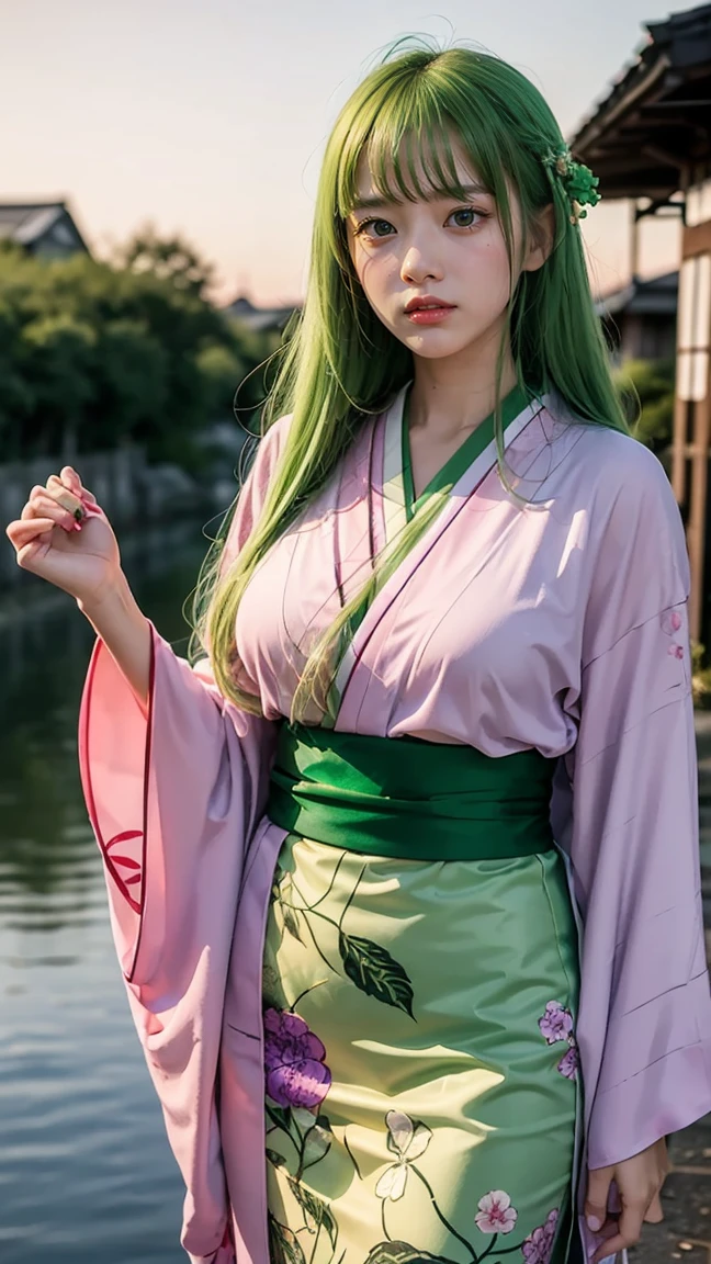 An anime-style character with long, silky green hair, wearing a pink kimono adorned with purple flowers and a vibrant green obi. She is standing on a bridge in a traditional Japanese village at dusk, the sky painted in warm hues behind her."
