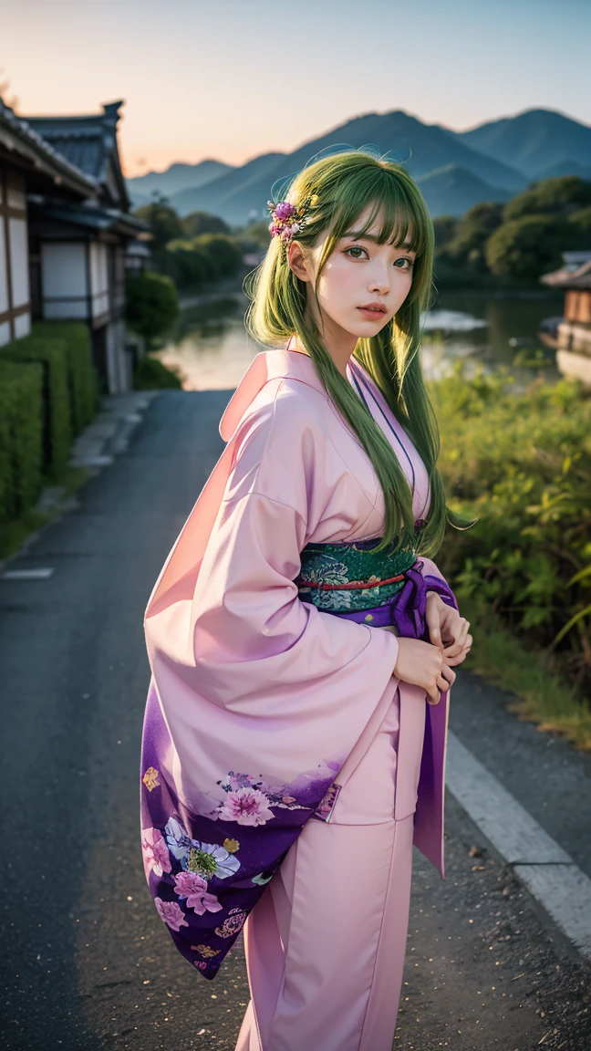 An anime-style character with long, silky green hair, wearing a pink kimono adorned with purple flowers and a vibrant green obi. She is standing on a bridge in a traditional Japanese village at dusk, the sky painted in warm hues behind her."