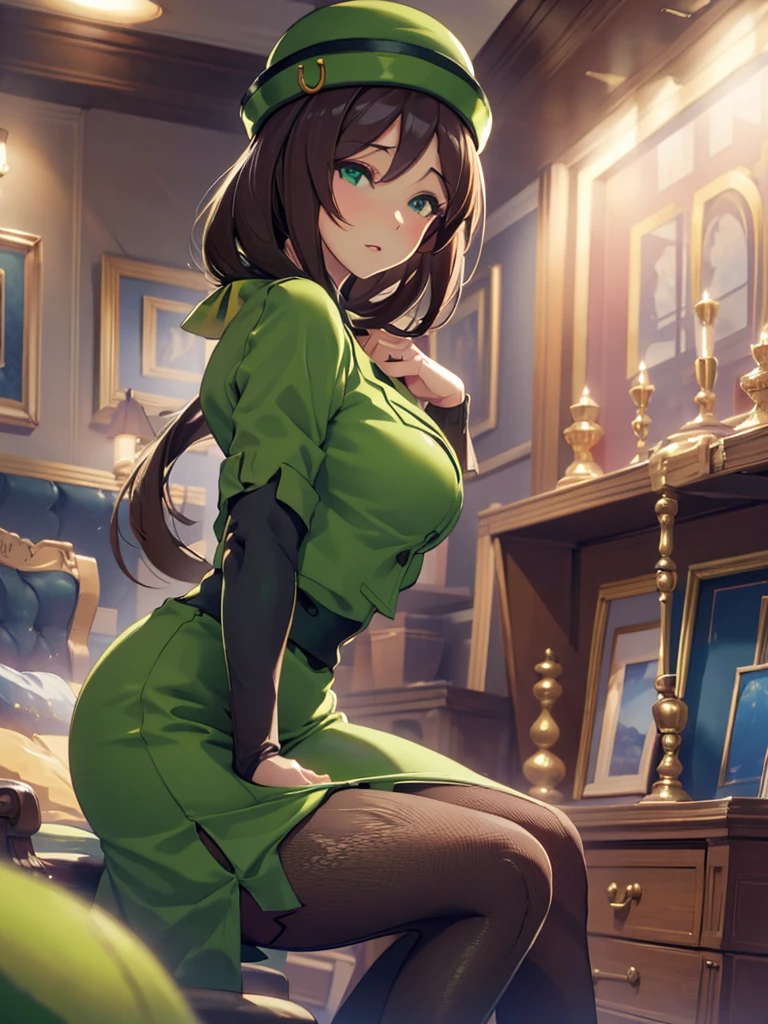 (​masterpiece、top-quality、hight resolution、Unity 8k、extremely details CG:1,Best Picture), hayakawa tazuna, low ponytail, green headwear, green jacket, pantyhose, "A porn star leaning forward, captured from the front view, with her body slightly bent at the waist. Her facial expression is a mix of seduction and playfulness, making eye contact with the viewer. Her hair falls forward, framing her face, and she’s wearing a tight outfit that accentuates her curves. The focus is on her upper body and face, highlighting the teasing posture."