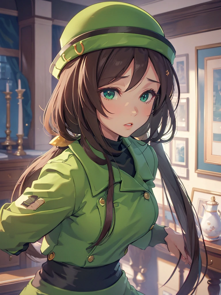 (​masterpiece、top-quality、hight resolution、Unity 8k、extremely details CG:1,Best Picture), hayakawa tazuna, low ponytail, green headwear, green jacket, pantyhose, "A porn star leaning forward, captured from the front view, with her body slightly bent at the waist. Her facial expression is a mix of seduction and playfulness, making eye contact with the viewer. Her hair falls forward, framing her face, and she’s wearing a tight outfit that accentuates her curves. The focus is on her upper body and face, highlighting the teasing posture."