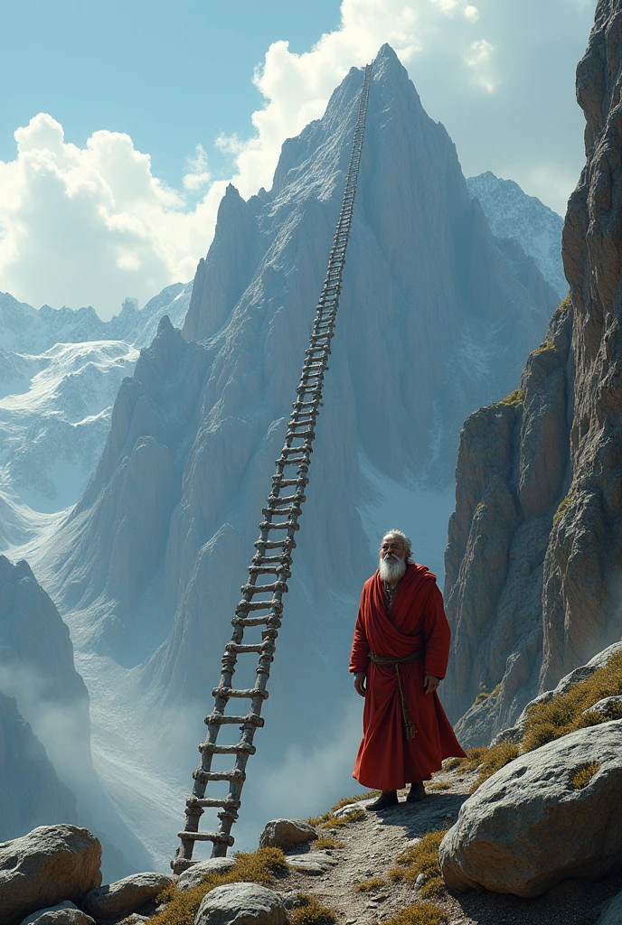 A very long ladder from the ground to the top of the mountain whose height
The ladder is mounted from the ground to the top of the hill.
An old man stands on the ladder, wearing a red robe.