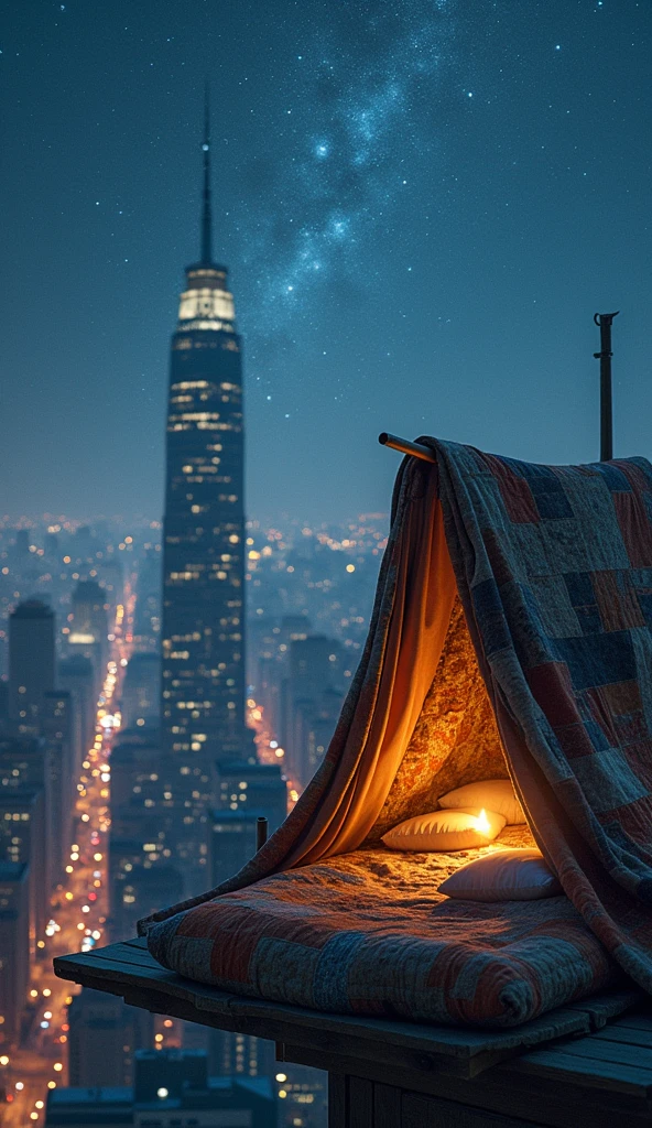 A hidden rooftop space in the heart of the city. It features a small, makeshift shelter made from old blankets and cushions, with twinkling city lights in the background. The view includes towering skyscrapers and bustling streets below, with the sky above full of stars.