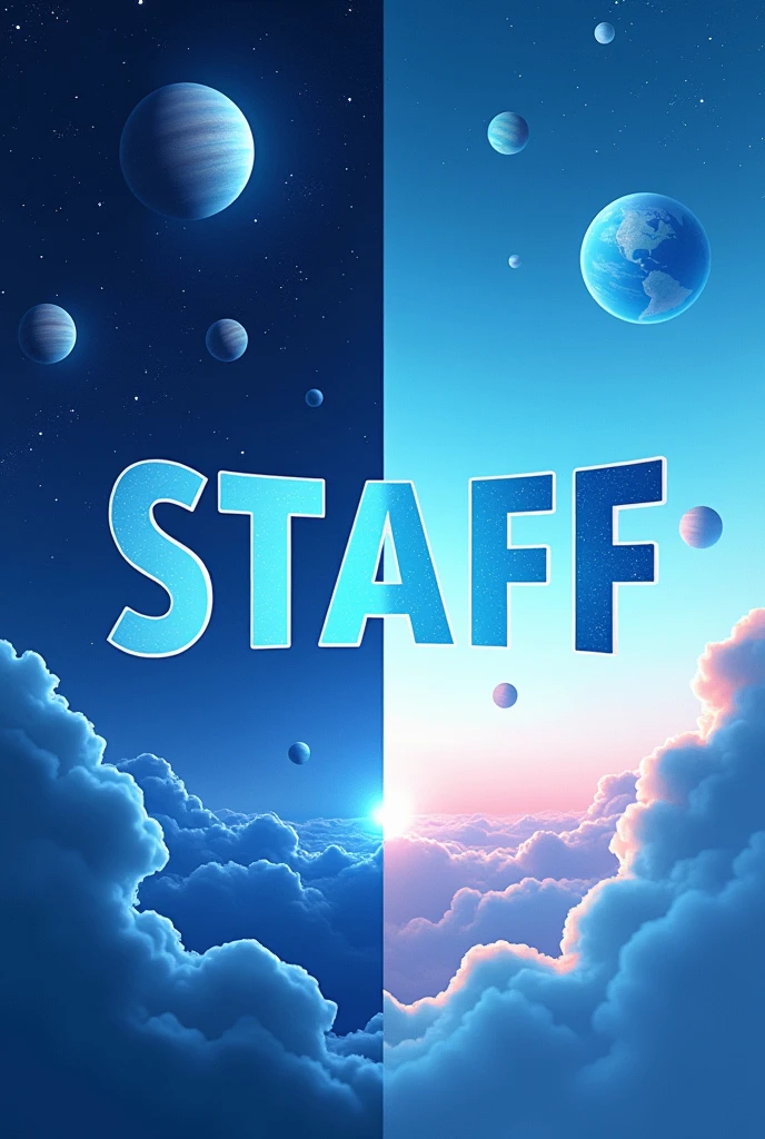 design simple avec juste écris STAFF au milieu en majuscule et une écriture stylé en bleu pastel avec d'un cotés des planetes et des étoiles dans l'espace et de l'autre cotés des nuages et un ciel je veux vraiment la séparation de deux monde différent