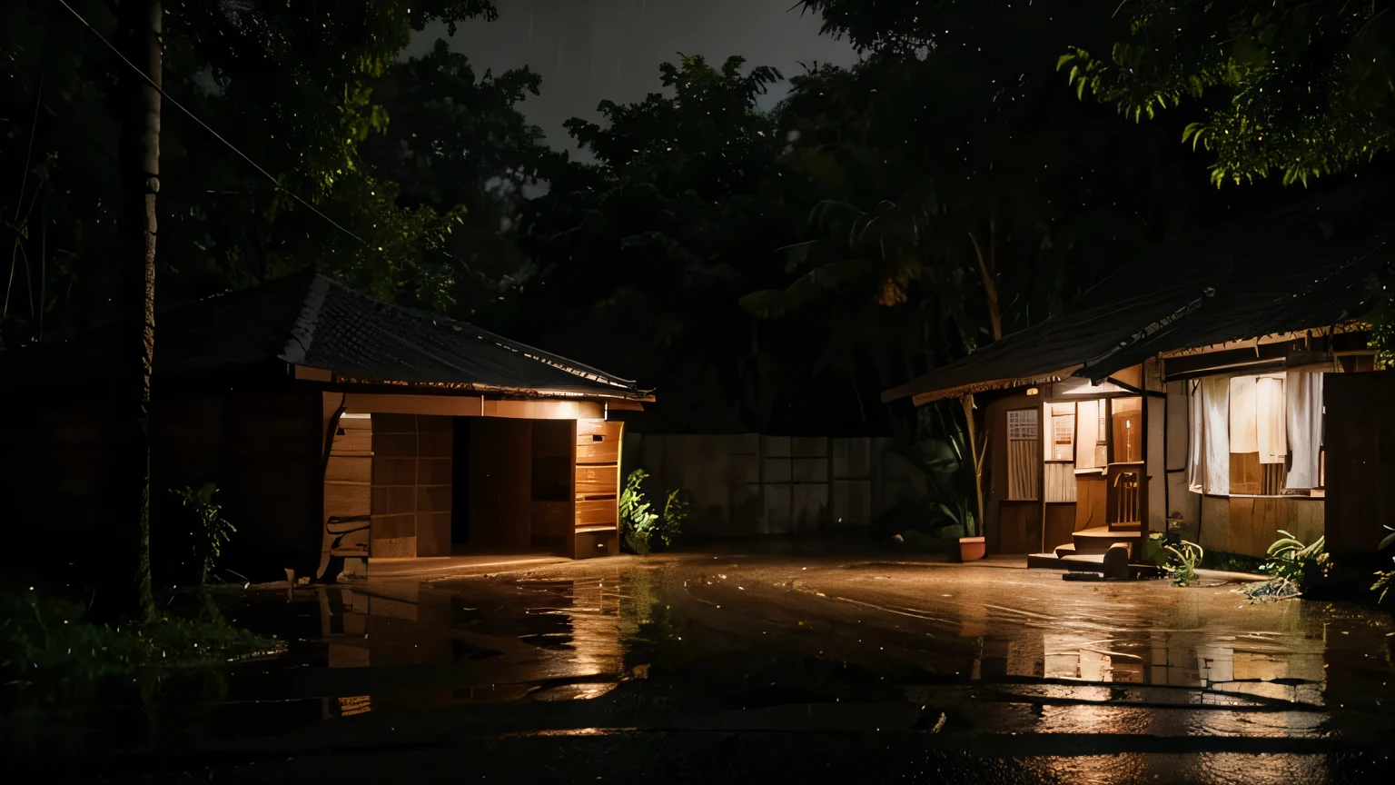 Heavy Rain in street Forest and tradisional home at Night