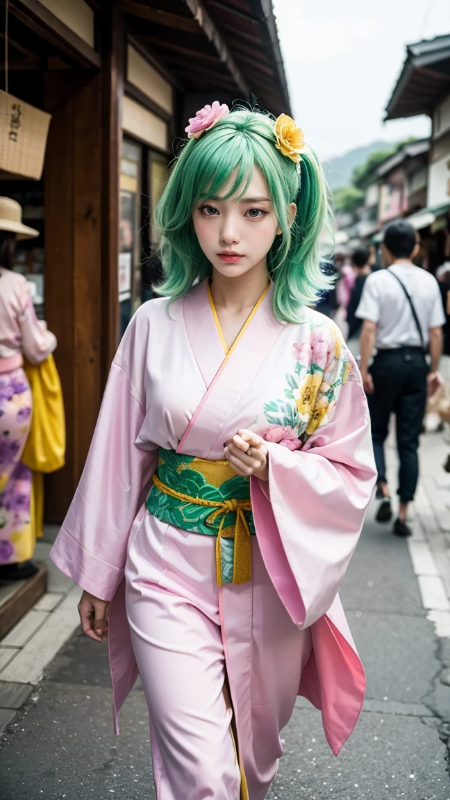 A dynamic anime character with bright green hair, decorated with pink and yellow flowers, in a pink kimono with a purple floral pattern. The character is seen walking through a bustling market in Wano, surrounded by vibrant colors and traditional Japanese architecture."

