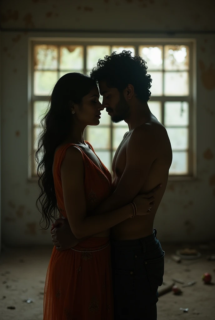 indian man and woman, they are cousins, they are having a discreet relationship, they meet in a secret room and have sex, man removes her shirt, she shows nice cleavage, dusty room, large windows, faint light on them, extremely romantic scene
