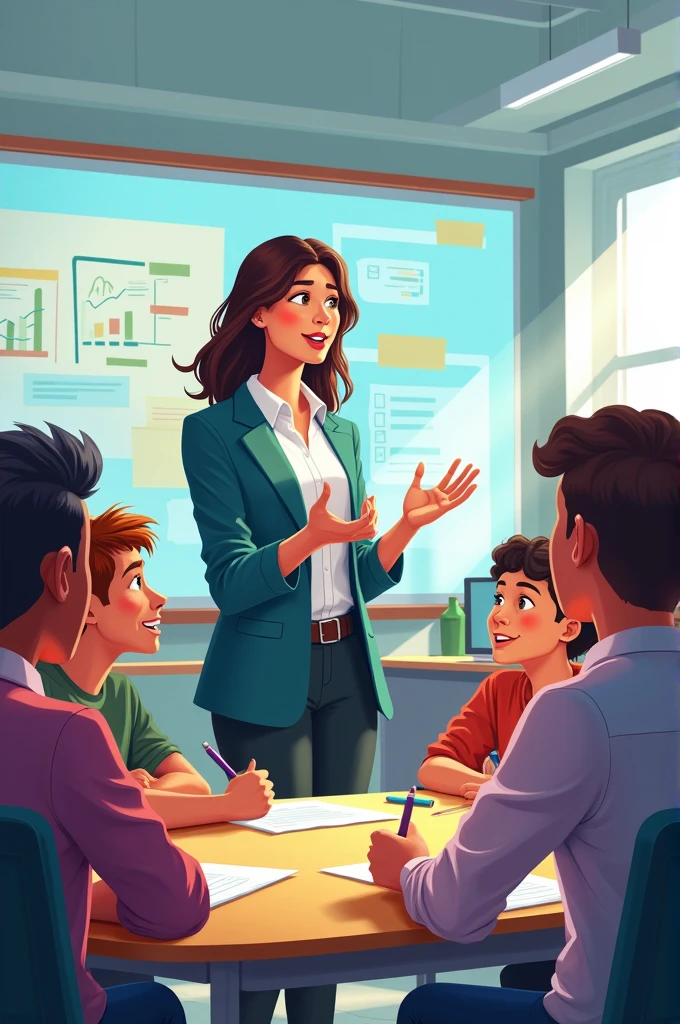 Create an image of a dynamic illustration of a teacher interacting with students in a modern classroom, emphasizing innovation in education.