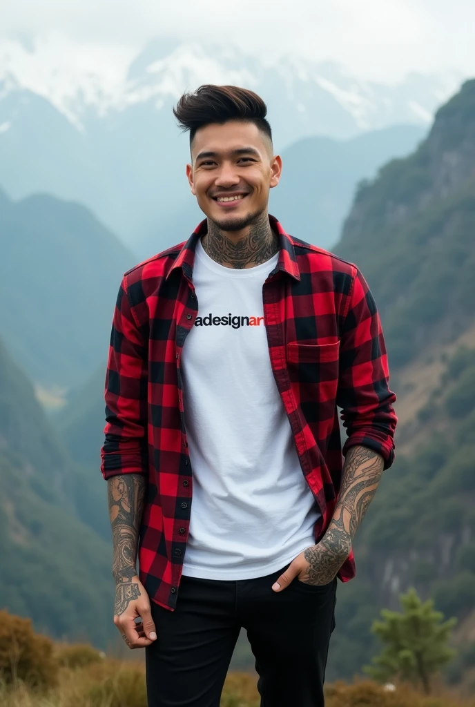 A handsome Thai man with his hands covered in intricate tattoos, rambut undercut, standing in a mountainous landscape like a wide angle camera, wearing a white t-shirt with the words "Adesign Art", red checkered long sleeve shirt, modern black pants and black shoes. with a friendly smile landscape