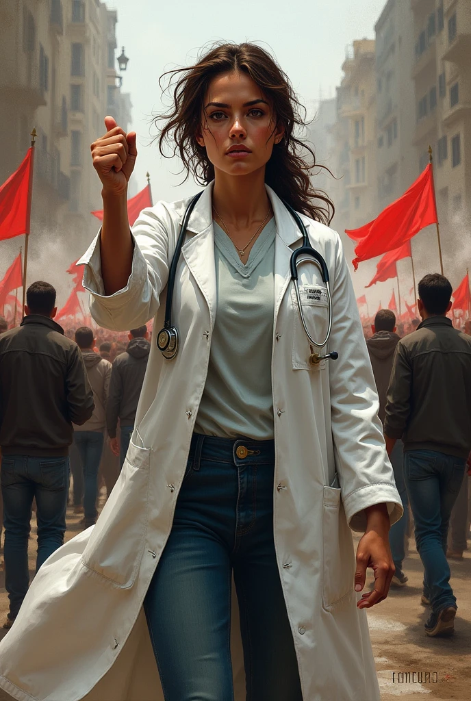 A lady doctor protesting against a violent dictator