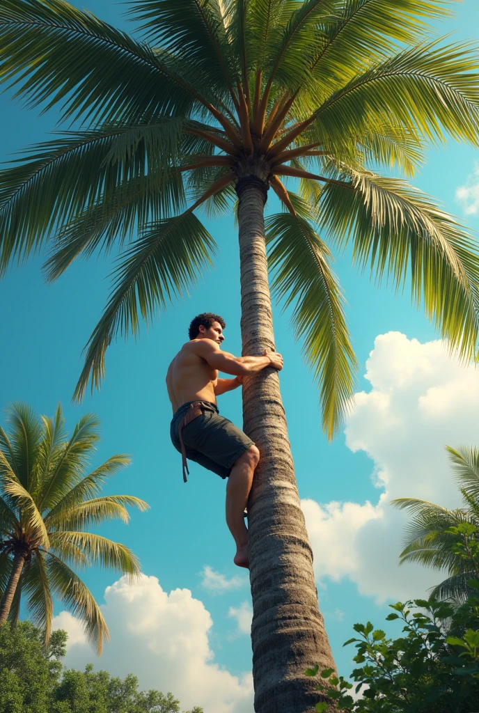 A man climbed up a palm tree