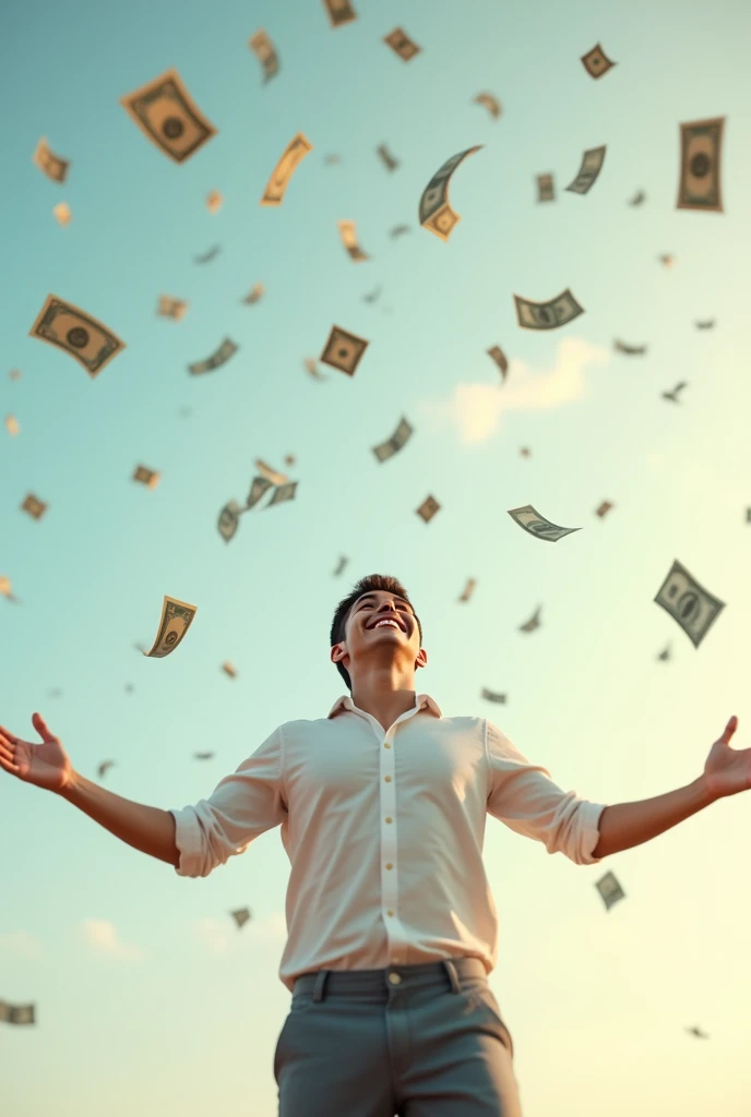 A handsome young man smiles happily, looks up, and spreads his arms, waiting to receive money, which is a lot of money falling from the sky.
